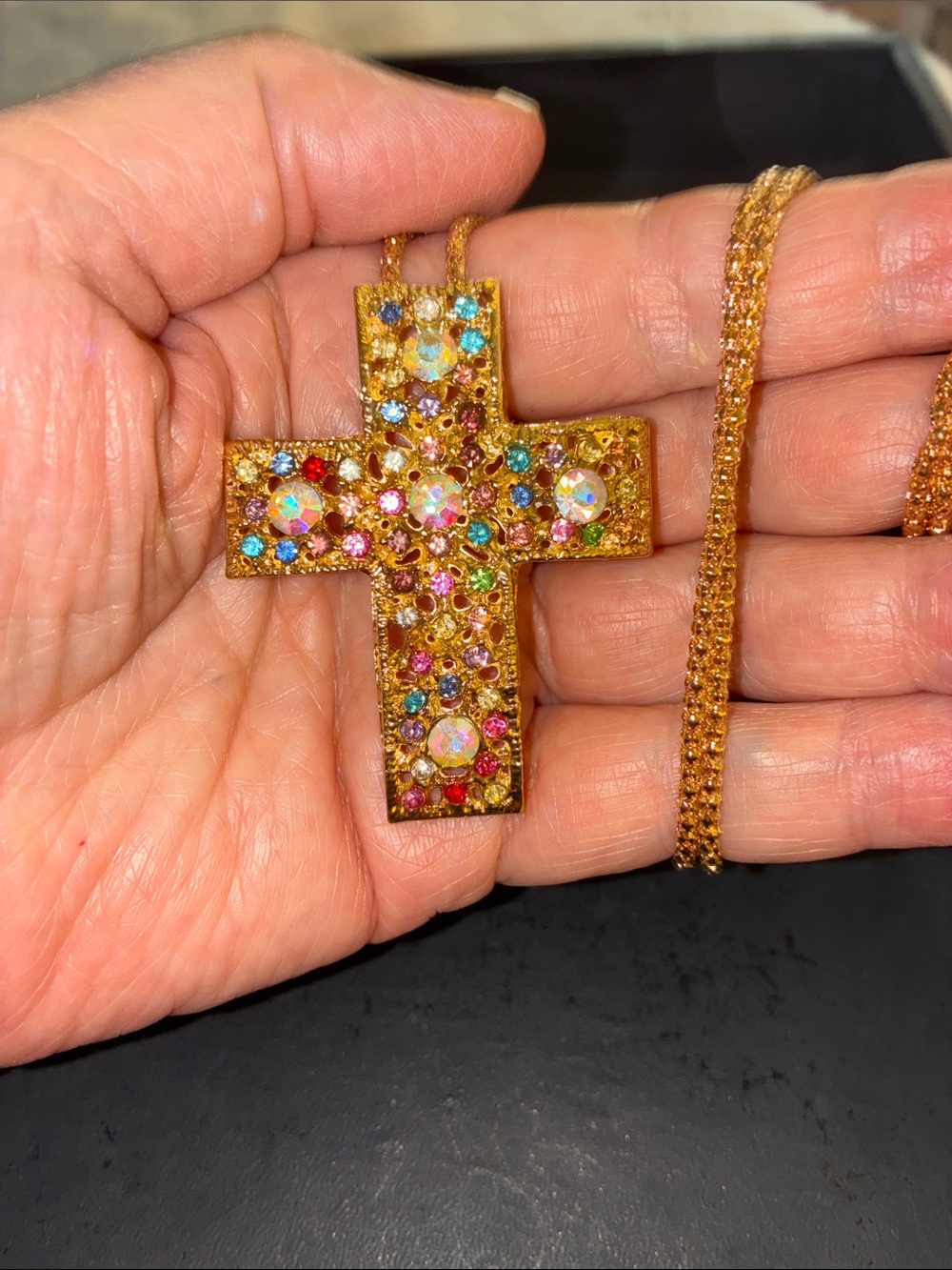 Gold Cross with Multicolor Rhinestones - Picture 2 of 9
